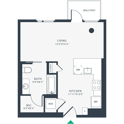 Floor plan for studio, 1 bath, 572 sqft